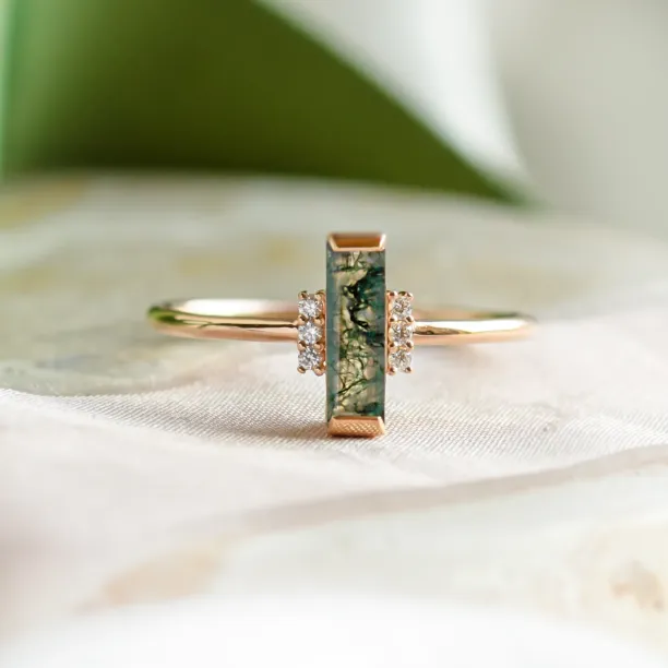 BRONTE unusual engagement ring with baguette moss agate and diamonds