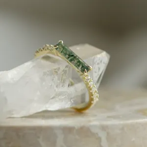Angled view of the MILA engagement ring with moss agate and diamonds