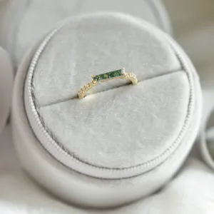 MILA engagement ring viewed from above, showing the baguette moss agate and diamonds