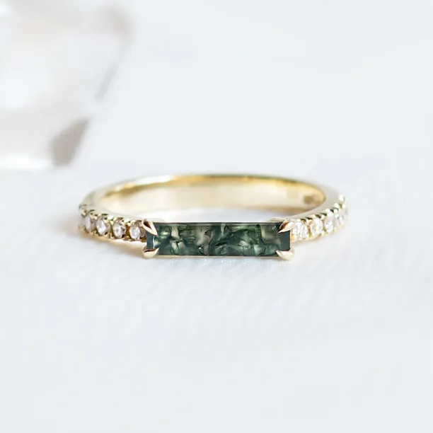 MILA unusual engagement ring with a baguette moss agate and diamonds