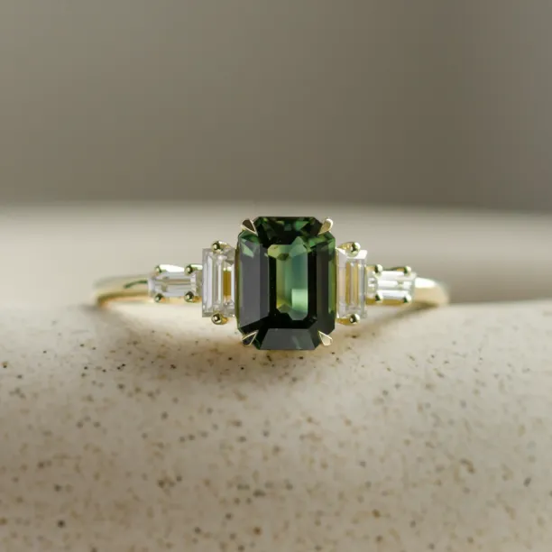 Engagement ring in vintage style with green sapphire and moissanites AISHA Image
