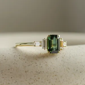 Engagement ring in vintage style with green sapphire and moissanites AISHA Thumbnail
