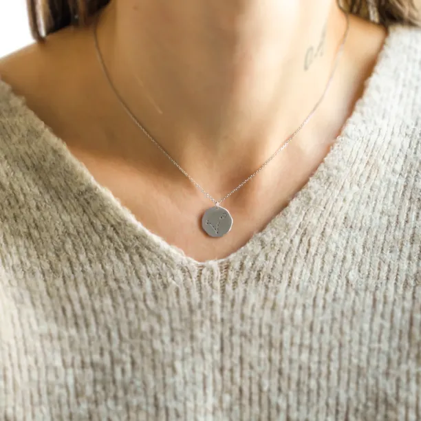 Gold STELLARIS necklace with engraved zodiac constellation worn on the neck