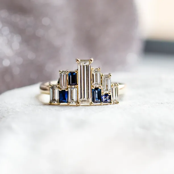Avant-garde ring with moissanites and sapphires in baguette shape BETH Image
