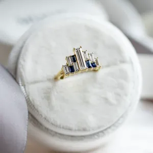 Avant-garde ring with moissanites and sapphires in baguette shape BETH Thumbnail
