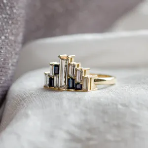 Avant-garde ring with moissanites and sapphires in baguette shape BETH Thumbnail