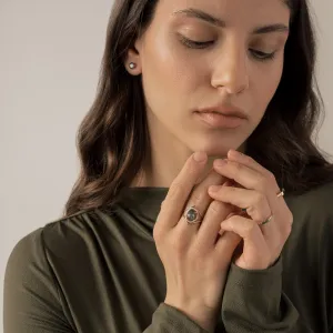 PINIA gold ring with moss agate and diamonds worn on the hand