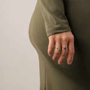 PINIA gold ring with moss agate and diamonds worn on the hand