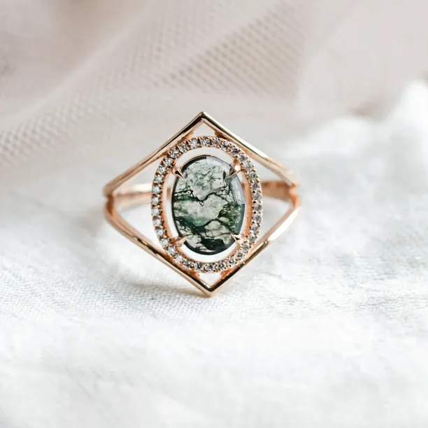 PINIA gold ring with moss agate and diamonds
