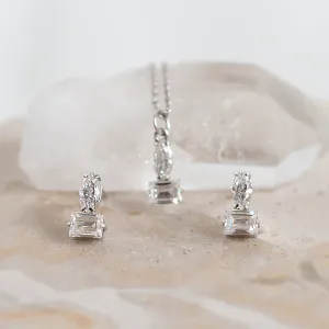 Close-up of the HOLLY jewelry set with marquise and baguette moissanites