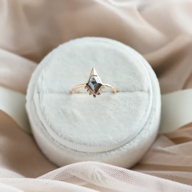 ADIRA engagement ring with a kite-shaped salt and pepper diamond, shown in full