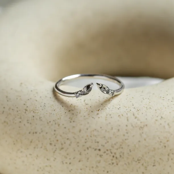 14K white gold ADA open ring with salt and pepper diamonds
