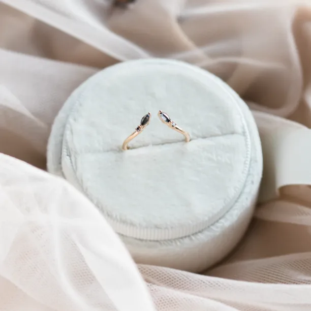 ADA open ring with salt and pepper diamonds, shown from an angled view