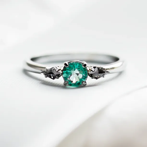 KIM gold ring with emerald and kite salt and pepper diamonds