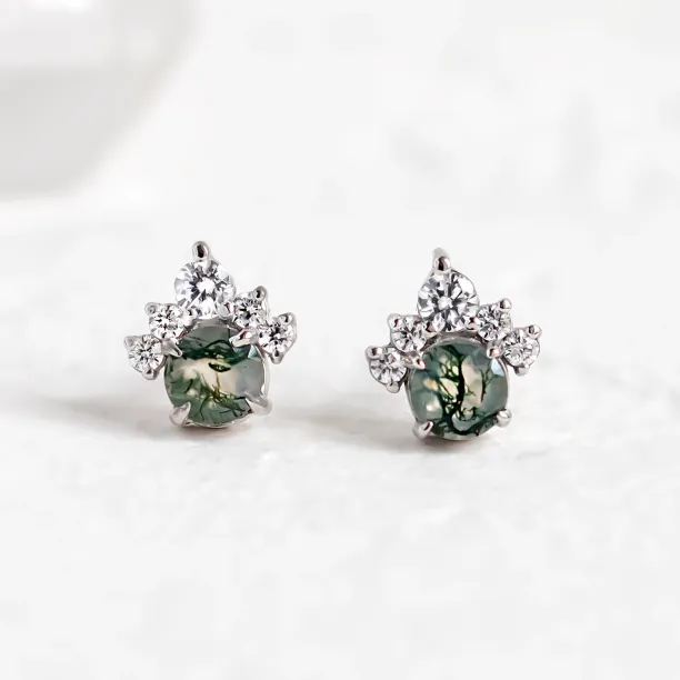 Zlaté náušnice s mechovým achátem a diamanty JASMINE