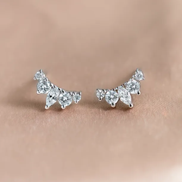 JESS gold crawler earrings with moissanites, shown as a pair