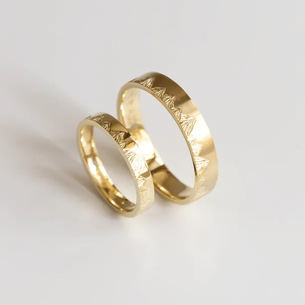 Wedding bands with mountains engraving and diamond HIKE Image