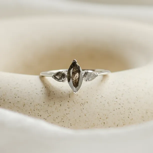 RHEA ring in 14K white gold with three salt and pepper diamonds