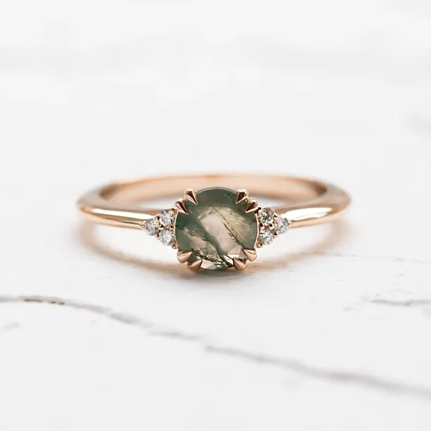 Moss agate engagement ring THEMIS with diamonds