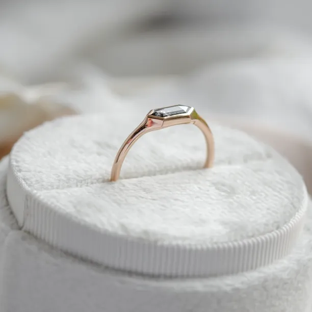 Side profile of the hexagon salt and pepper diamond engagement ring