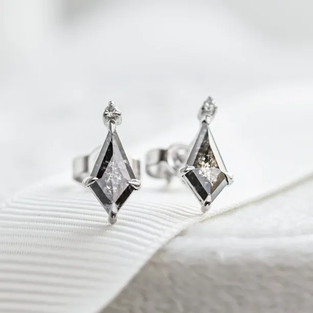 Gold POE earrings with kite salt and pepper diamonds and classic diamonds