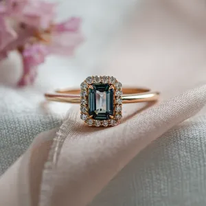 Halo zlatý prsten s teal baguette safírem a diamanty CELADON Thumbnail
