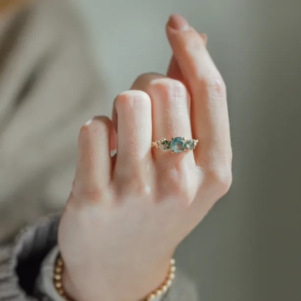 BACCHUS green moss agate ring worn on the finger