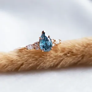 Gold ring with pear blue lab grown diamond and side diamonds AZURE Thumbnail