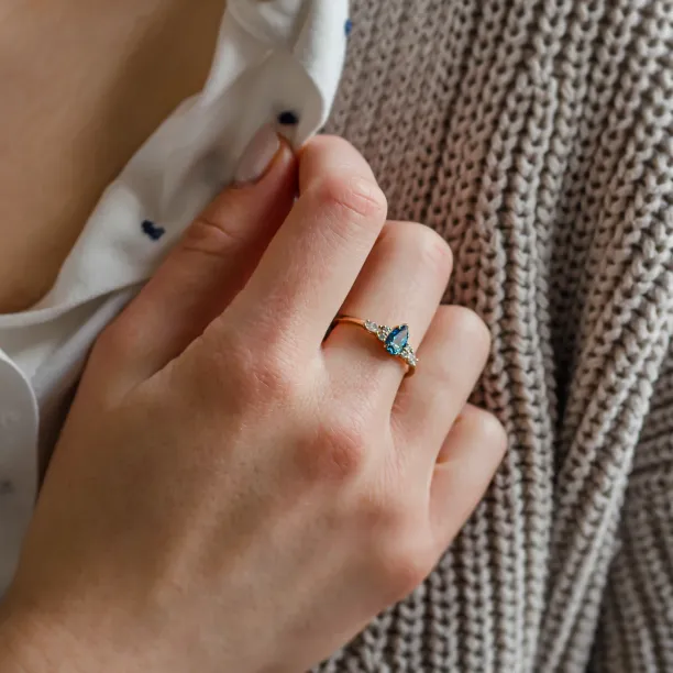 Gold ring with pear blue lab grown diamond and side diamonds AZURE Image