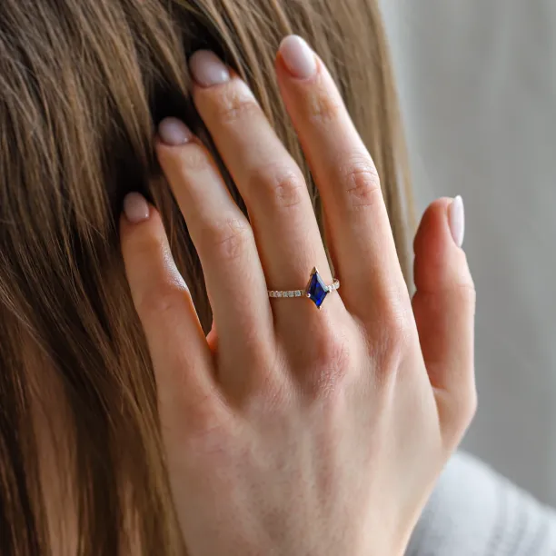 Gold ring with blue lab grown sapphire and moissanites ZEPHYR Image