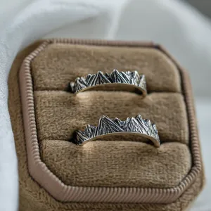 SILVRETTA wedding rings displayed in a jewelry box, showing mountain relief