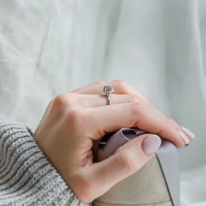 TANAQUIL salt and pepper diamond engagement ring worn on the hand, side view