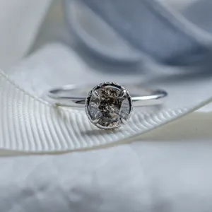 Close-up of the salt and pepper diamond center of the TANAQUIL engagement ring