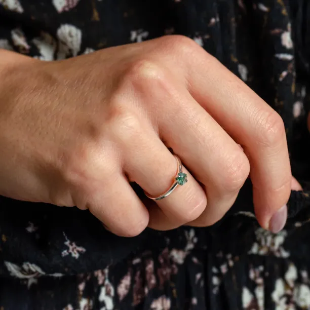 ALF minimalist moss agate ring worn on a hand