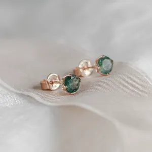 Round gold stud earrings with moss agate RENE Thumbnail