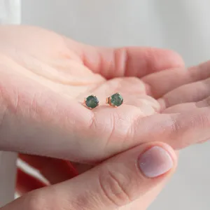 Round gold stud earrings with moss agate RENE Thumbnail