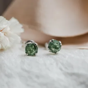 Round gold stud earrings with moss agate RENE Thumbnail