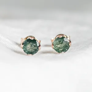 Round gold stud earrings with moss agate RENE Thumbnail