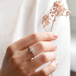 POMPADOUR diamond engagement ring worn on a hand near dried flowers