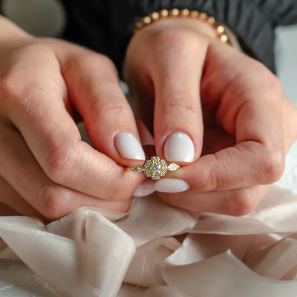 Gold vintage diamond ring CALYPSO held between two hands