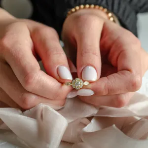 Gold vintage diamond ring CALYPSO held between two hands