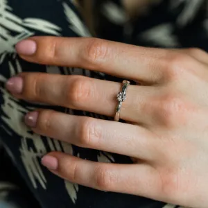 Gold branch ring with morganite shown worn on the finger