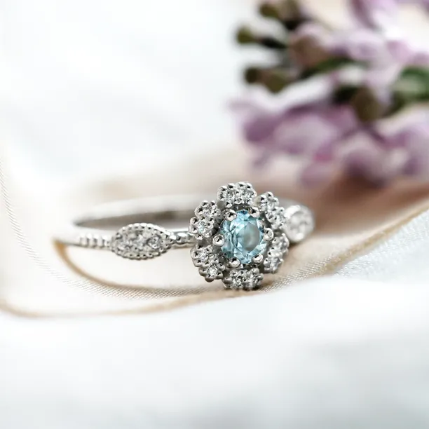 Halo engagement ring with aquamarine and diamonds CALI Image