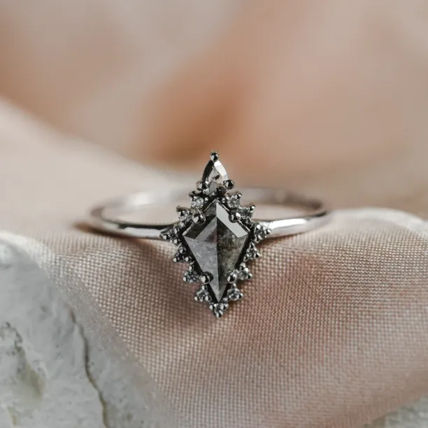 Halo unusual ring with salt'n'pepper diamonds DOMIZIO Image