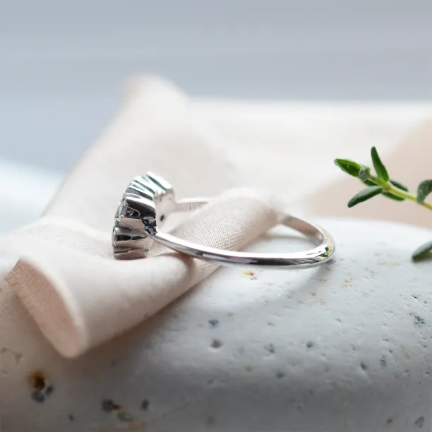 Profile view of the gold cluster ring showing its band and underside