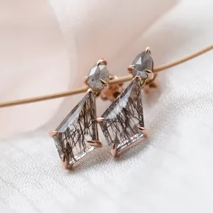 Gold rutilated quartz earrings with salt'n'pepper diamonds FIRENZE