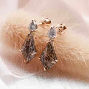 Gold rutilated quartz earrings with salt'n'pepper diamonds FIRENZE Thumbnail