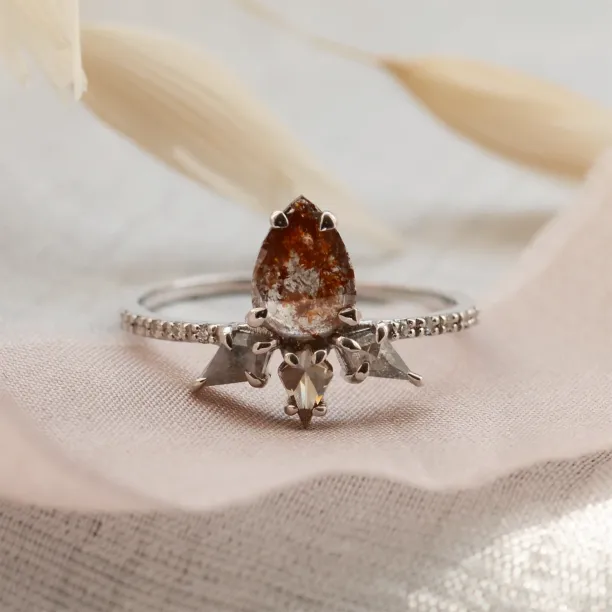 Detailní pohled na zlatý prsten CROWNIAS se salt'n'pepper diamanty