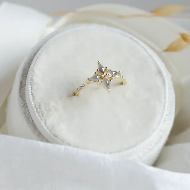 Celkový pohled na zlatý prsten ve tvaru hvězdy se salt and pepper diamanty ALESSIA