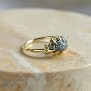 Gold raw blue diamond ring with classic diamonds POSEIDON Thumbnail